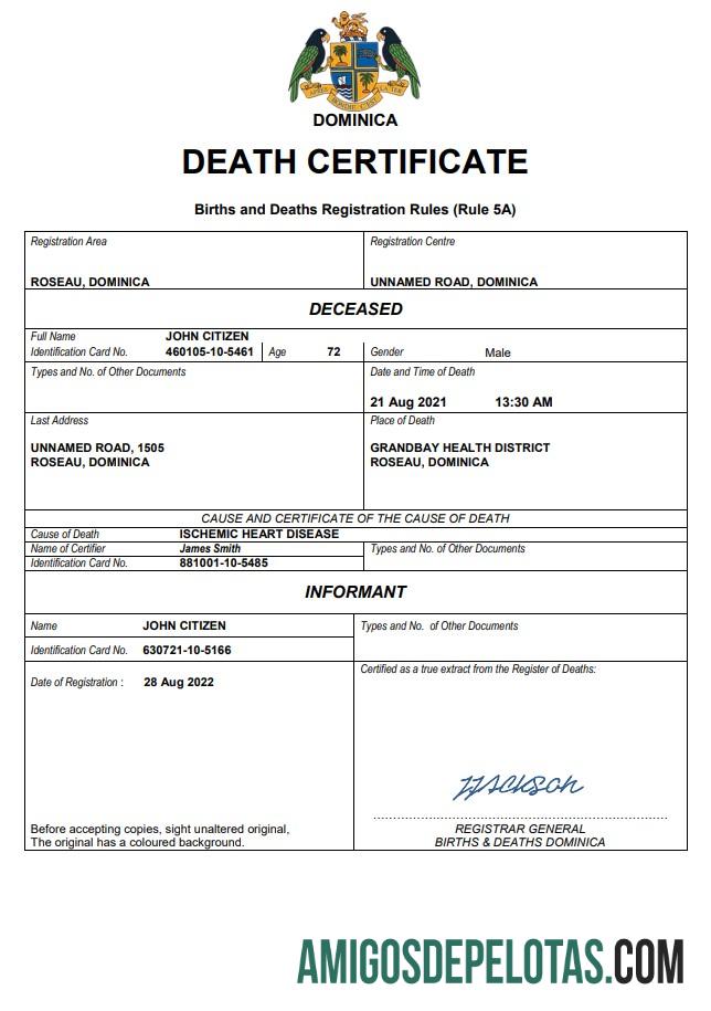 Realista modelo Word e PDF de certidão de óbito de registro vital de Dominica